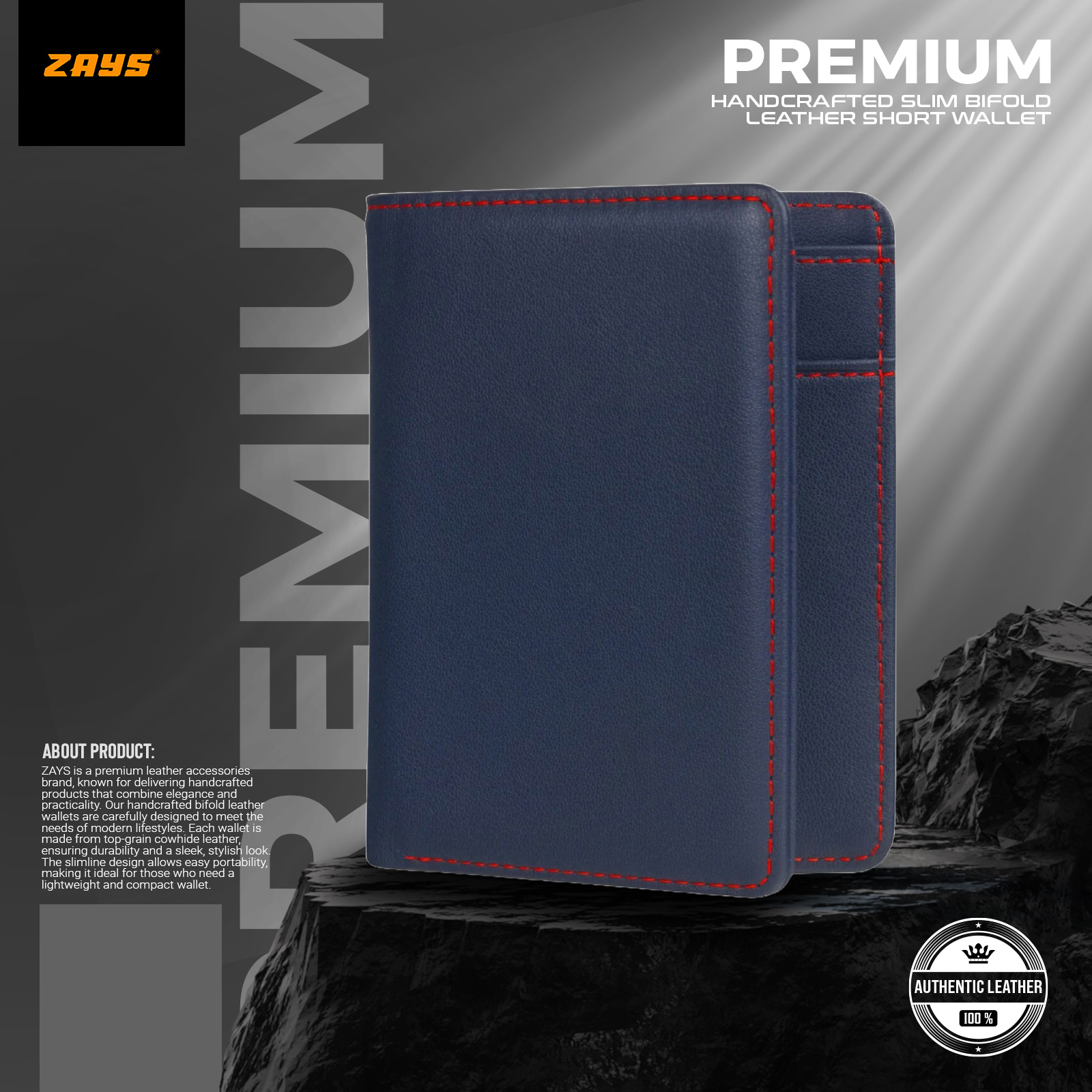 Picture of Zays Premium Handcrafted Slim Bifold Leather Short Wallet for Men & Women - Personalized Top-Grain Leather Wallet - Compact, Durable & Stylish (Navy Blue)