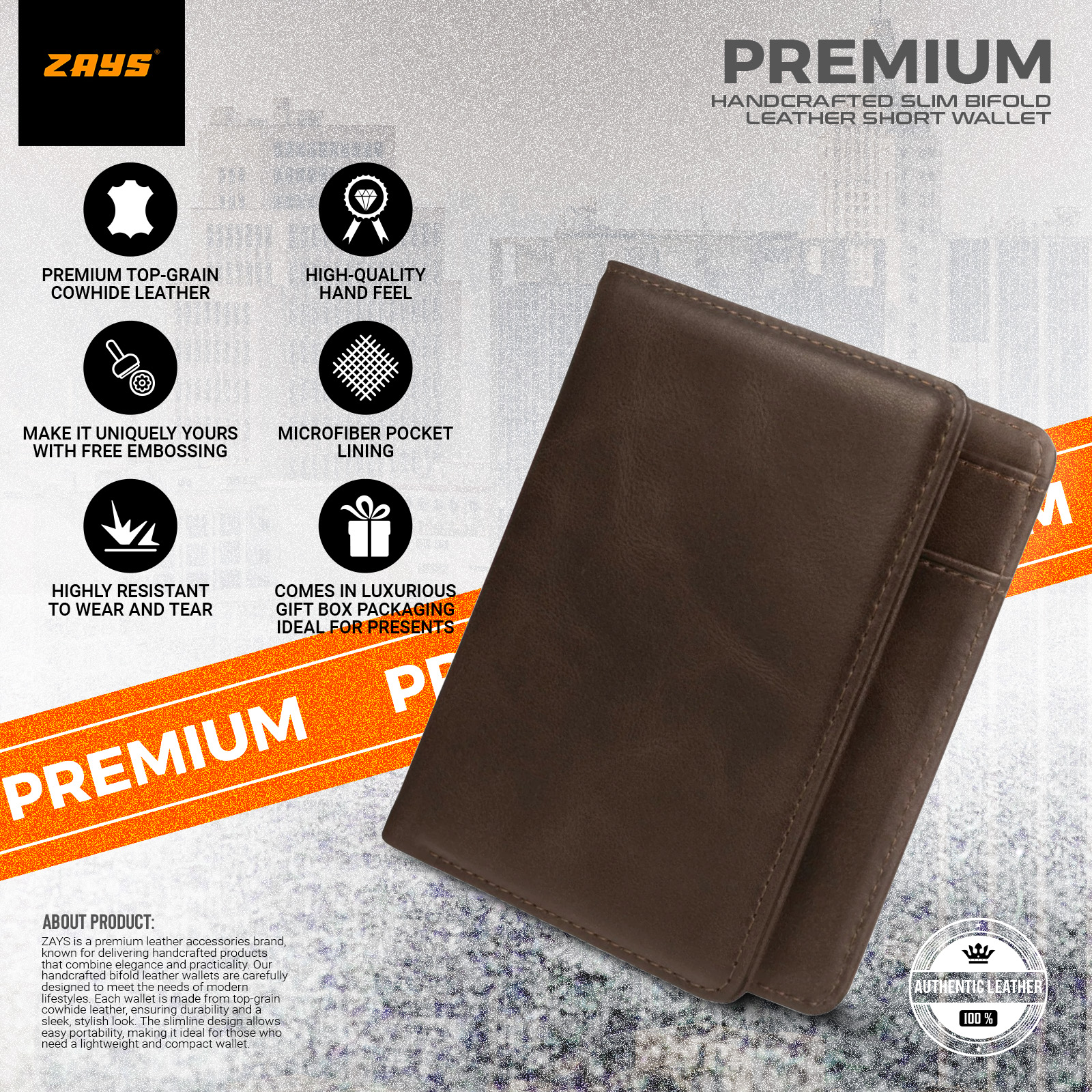 Picture of Zays Premium Handcrafted Slim Bifold Leather Short Wallet for Men & Women - Personalized Top-Grain Leather Wallet - Compact, Durable & Stylish (Chocolate)