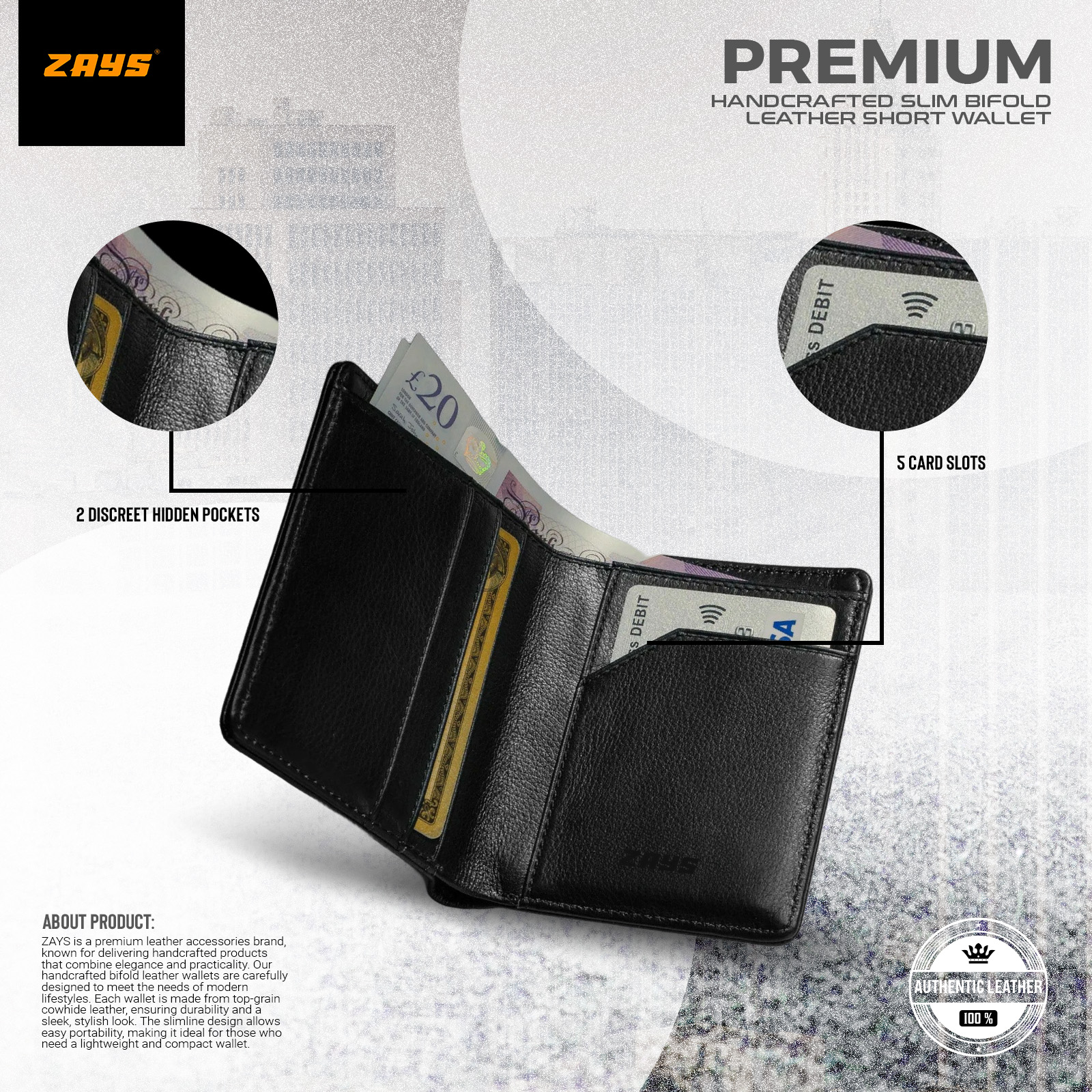 Picture of Zays Premium Handcrafted Slim Bifold Leather Short Wallet for Men & Women - Personalized Top-Grain Leather Wallet - Compact, Durable & Stylish (Black)