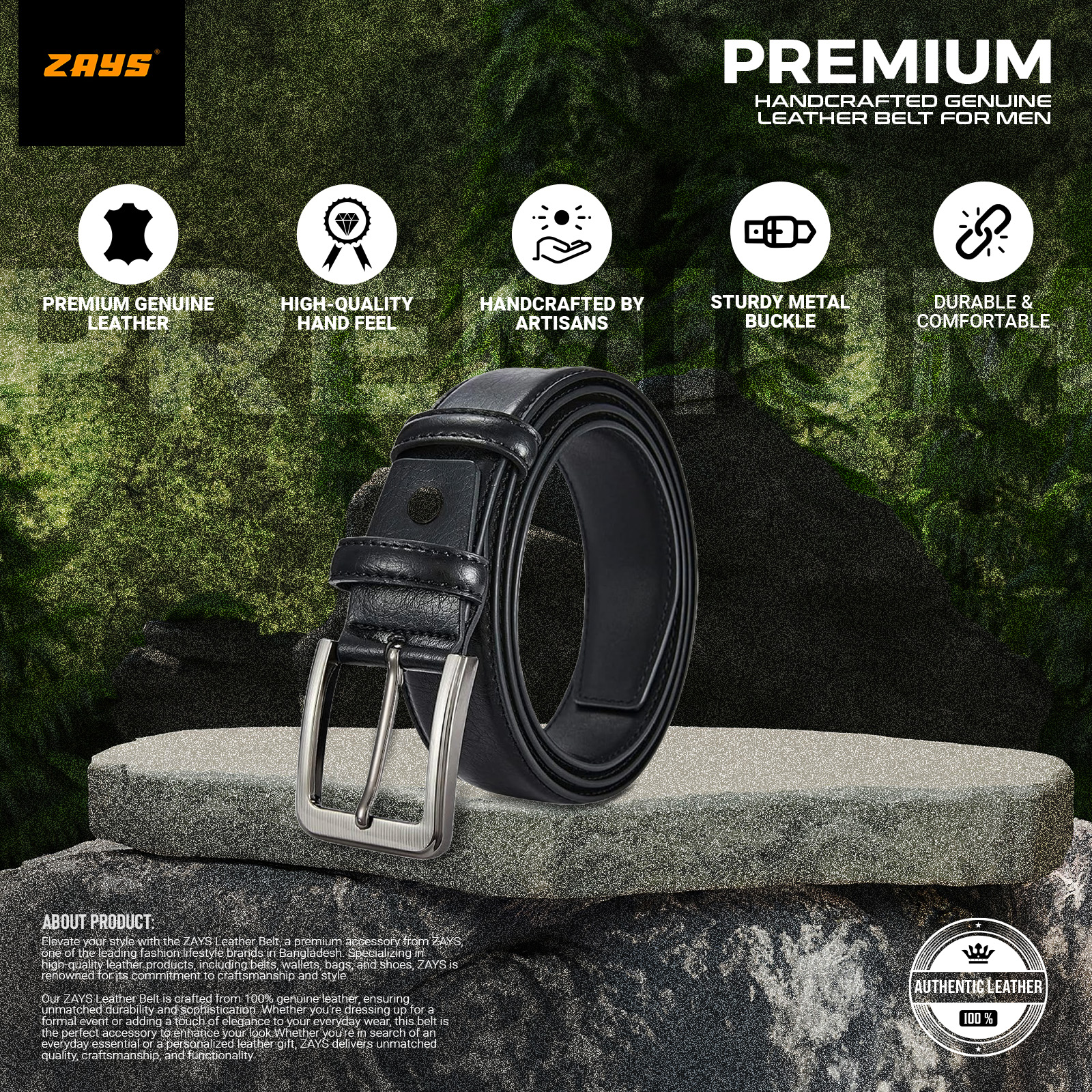 Picture of Zays Oversized Genuine Leather Belt for Men | Handcrafted 100% Full-Grain Leather | Durable & Adjustable Plus Size Belt (50"-70") | Classic Metal Buckle | Stylish Leather Belt for Jeans, Formal & Casual Wear | Perfect for Larger Waist Sizes 40" and Above