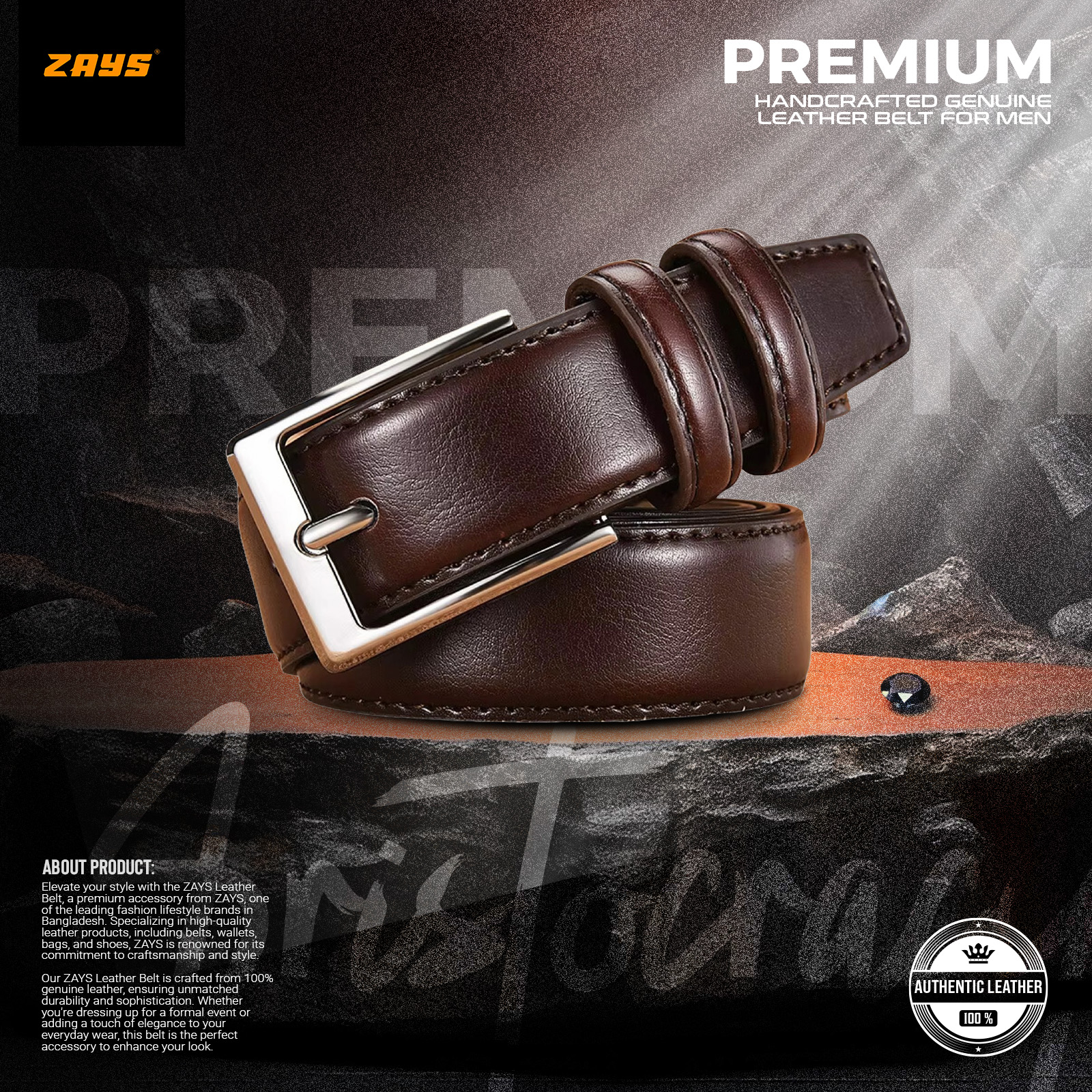 Picture of Zays Men’s Leather Belt – Premium Full-Grain Cowhide, Handmade in Bangladesh, Adjustable Fit, Rust-Proof & Nickel Free Buckle, Luxury Box Included, Ideal for Office, Casual, Traditional Wear, Wedding, Valentine, Events & Long-Term Daily Use