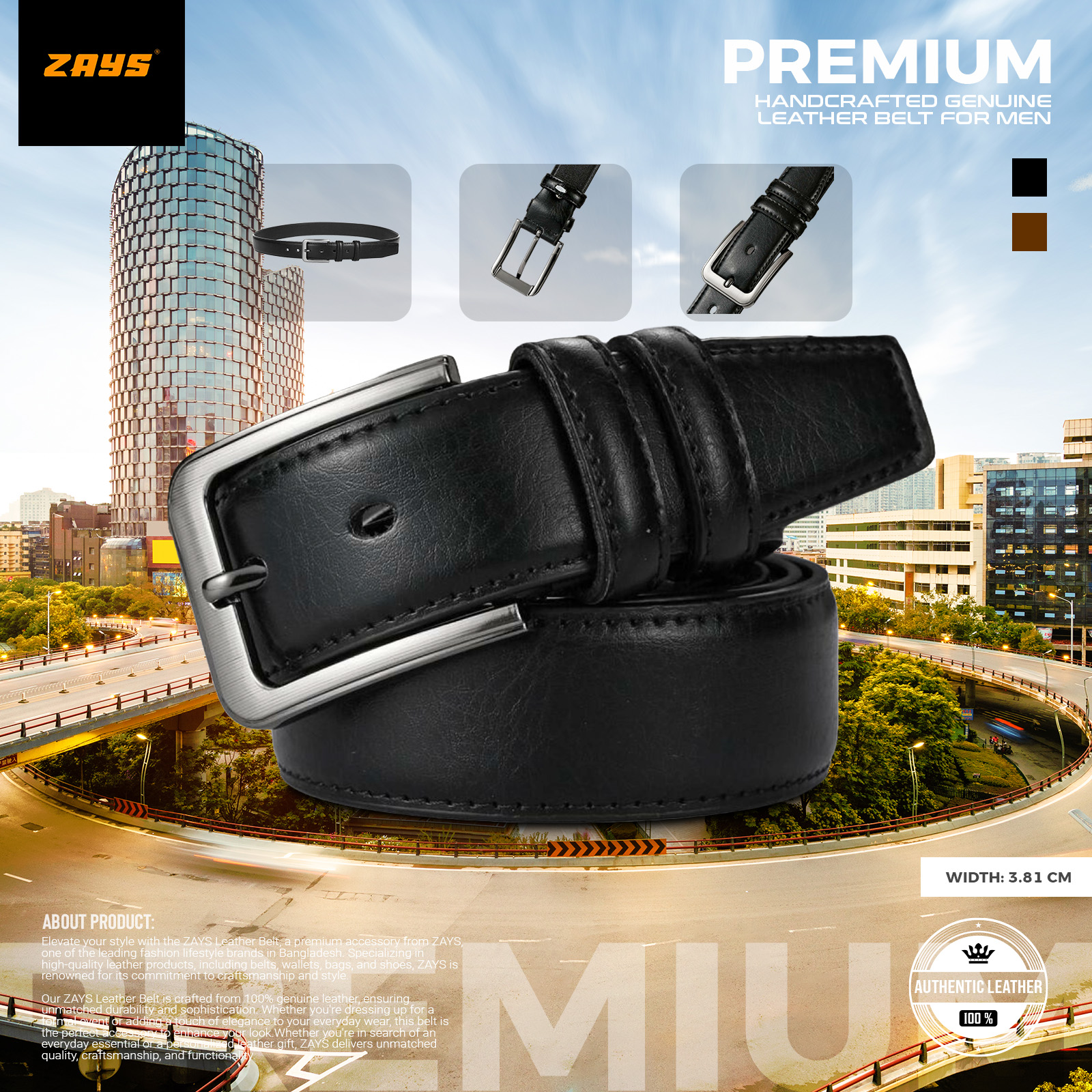 Picture of Zays Men’s Full-Grain Leather Belt – Premium Cowhide, Durable, Anti-Crack, Hand-Stitched, Sweat-Resistant, Cut-to-Fit, Suitable for Office Wear, Jeans, Blazer, Traditional Dress, Luxury Box Included for Any Occasional Gift