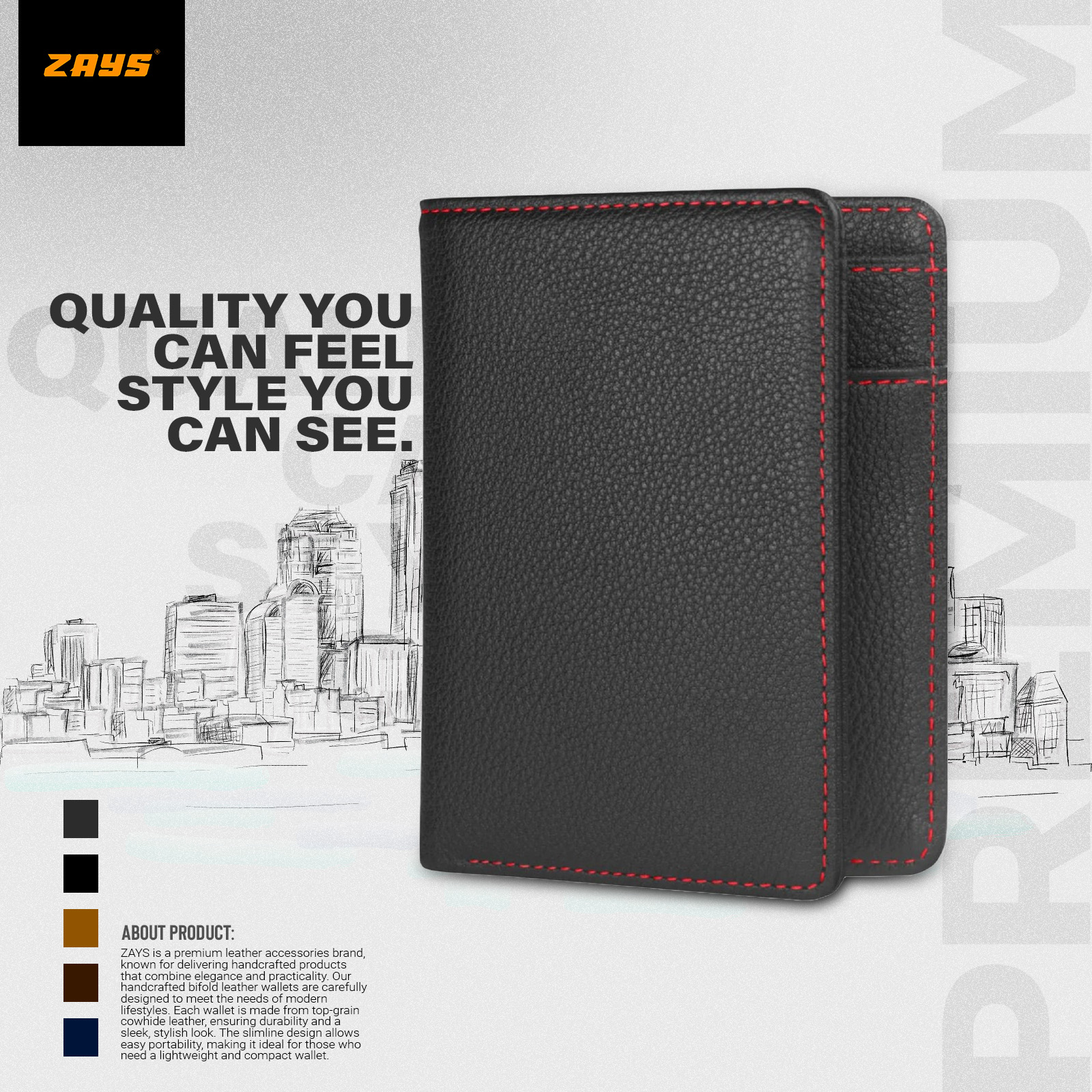 Picture of Zays Premium Handcrafted Slim Bifold Leather Short Wallet for Men & Women - Personalized Top-Grain Leather Wallet - Compact, Durable & Stylish