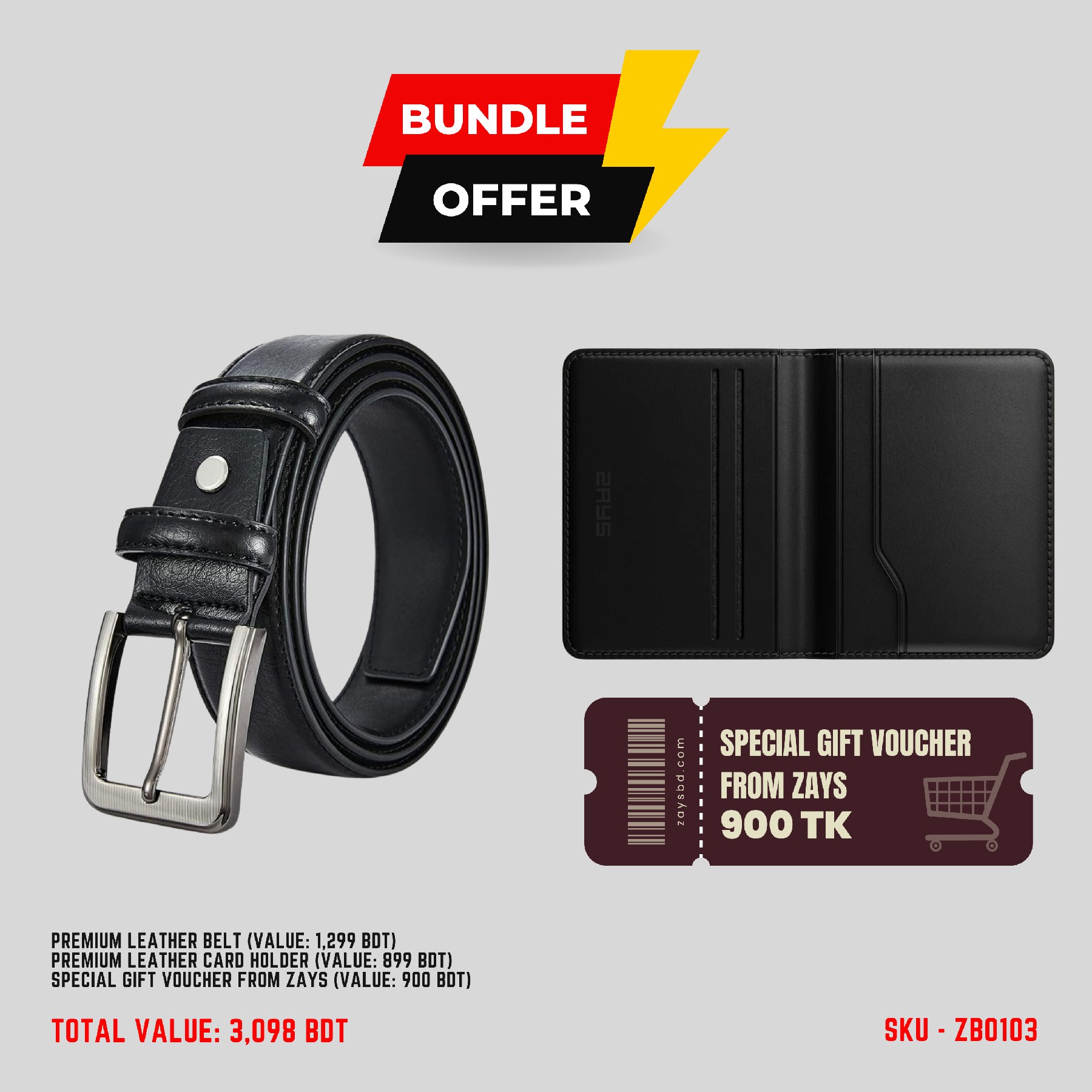 Picture of ZAYS Special Bundle: Premium Leather Belt, Card Holder Mini Wallet & Exclusive 900 TK Gift Voucher | Limited Time Deal & Stock | Huge Savings on Quality Leather Accessories