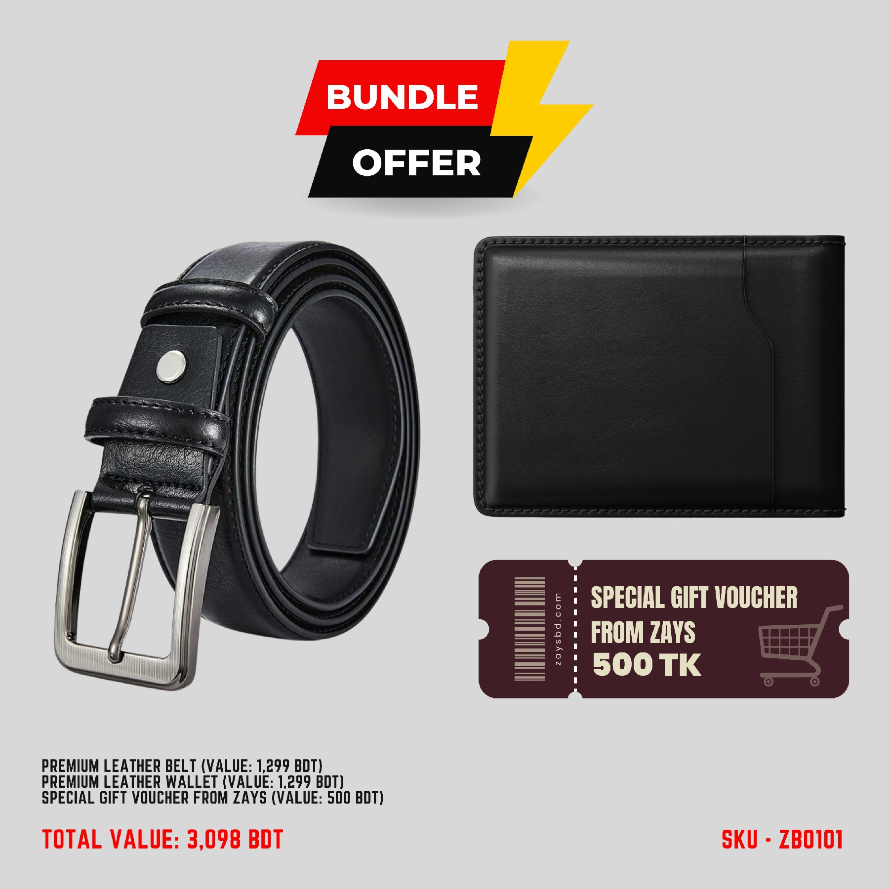 Picture of ZAYS Special Bundle: Premium Leather Belt, Wallet & Exclusive 500 TK Gift Voucher | Limited Time Deal & Stock | Huge Savings on Quality Leather Accessories