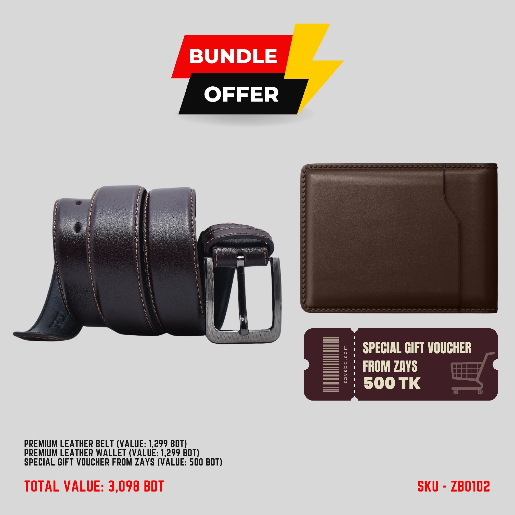Picture of ZAYS Special Bundle: Premium Leather Belt, Wallet & Exclusive 500 TK Gift Voucher | Limited Time Deal & Stock | Huge Savings on Quality Leather Accessories