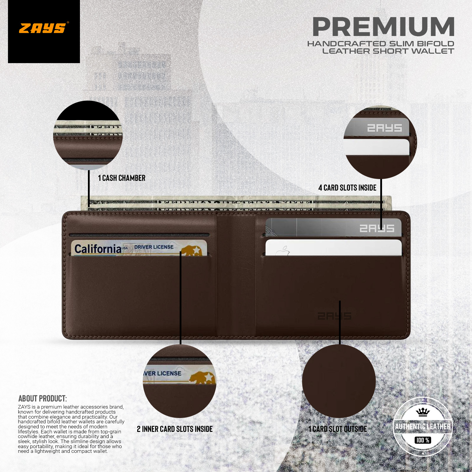 Picture of Zays Handcrafted Premium Leather Bifold Wallet – Slim, Durable & Stylish Short Wallet for Men & Women – Top-Grain Leather, Compact & Lightweight (Chocolate)