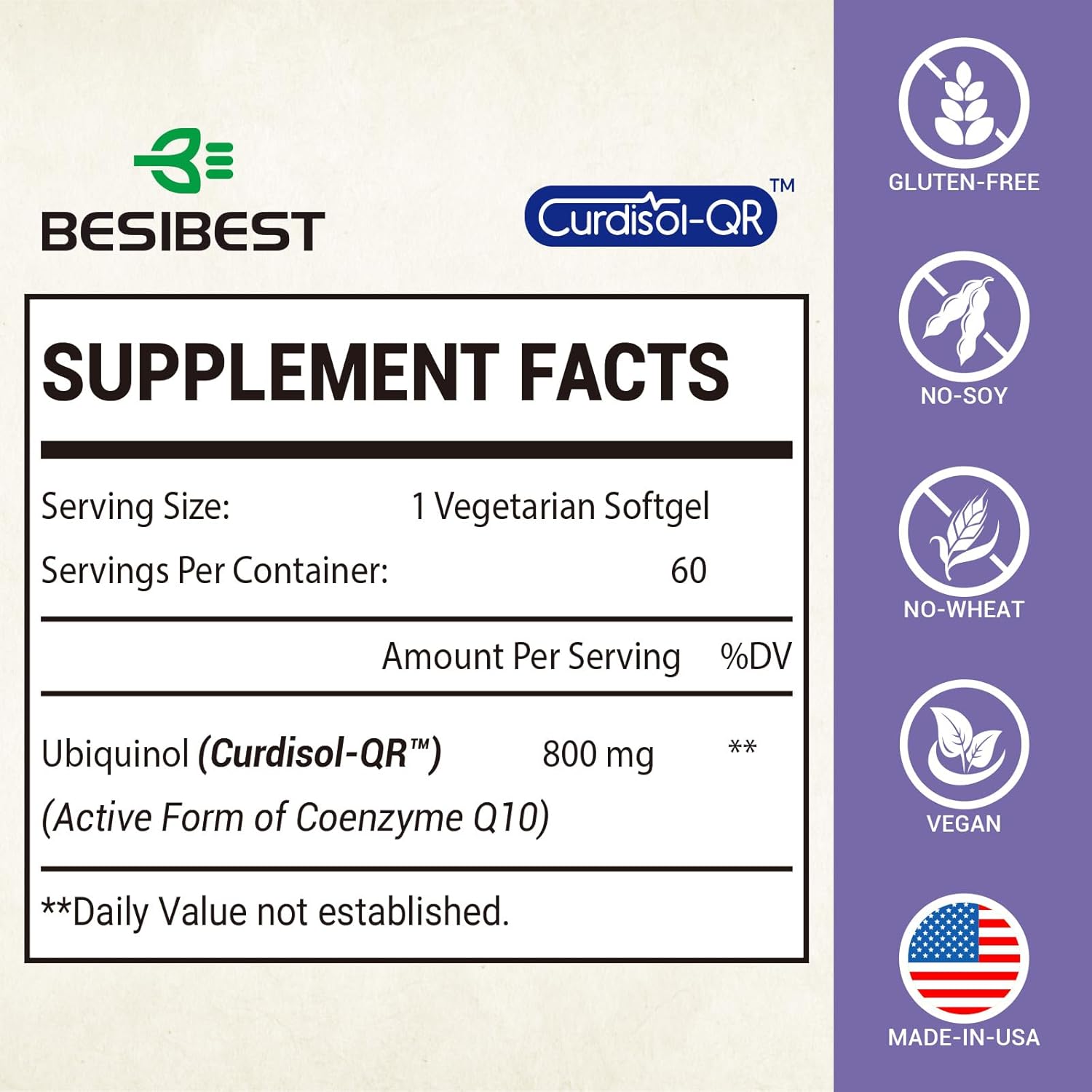 Picture of Besibest Liposomal Ubiquinol CoQ10 800 MG Softgel, High Absorption CoQ10 Ubiquinol Supplement Active Coenzyme Q10 800mg 60 Vegan Softgels