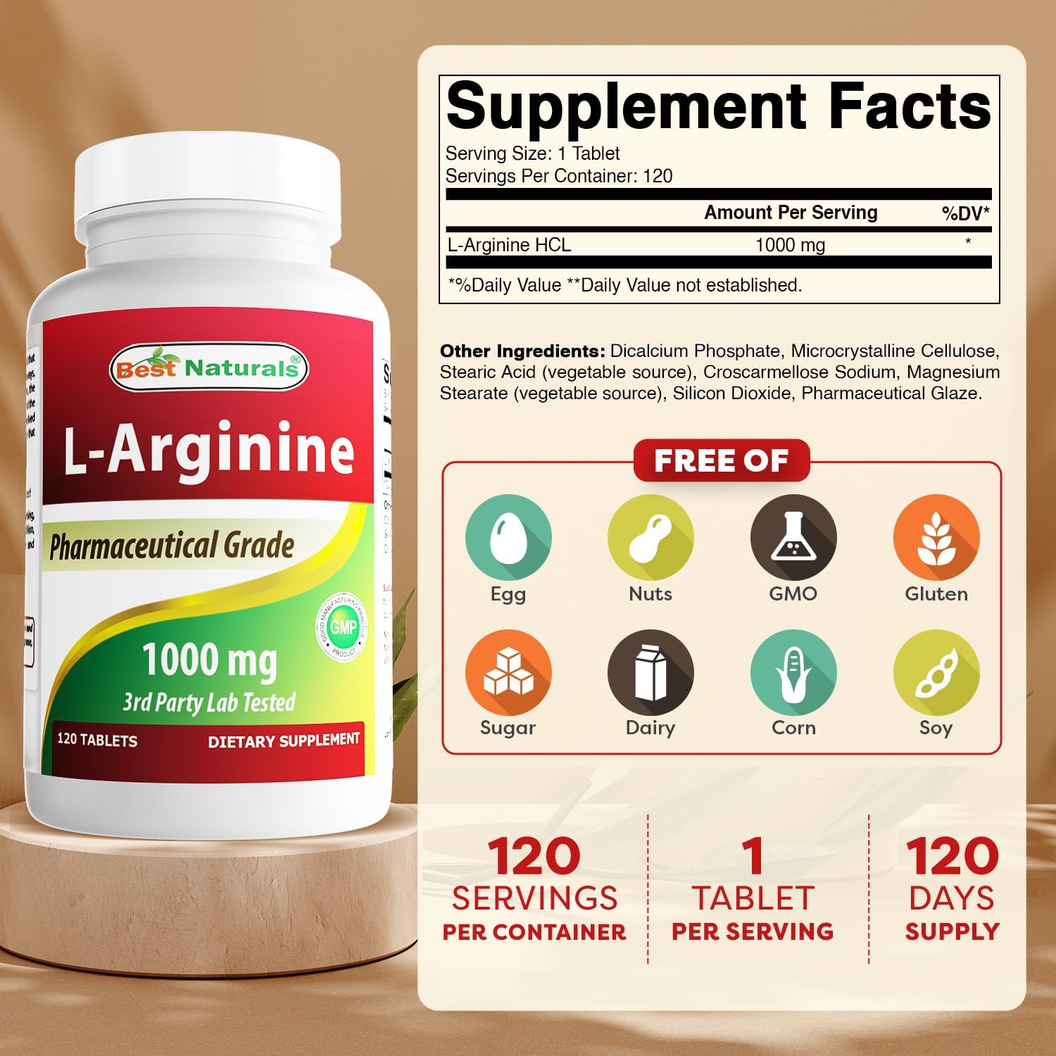 Picture of Best Naturals L-Arginine 1000 mg 120 Tablets - Pharmaceutical Grade L Arginine supplement promotes nitric oxide synthesis