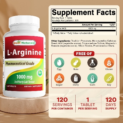 Picture of Best Naturals L-Arginine 1000 mg 120 Tablets - Pharmaceutical Grade L Arginine supplement promotes nitric oxide synthesis
