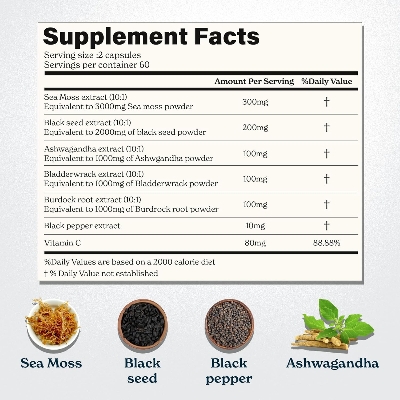 Picture of BetterAlt Seamoss Capsules- Irish Sea Moss with Black Seed Oil Ashwagandha & Black Pepper - 60 Servings, 120 Capsule