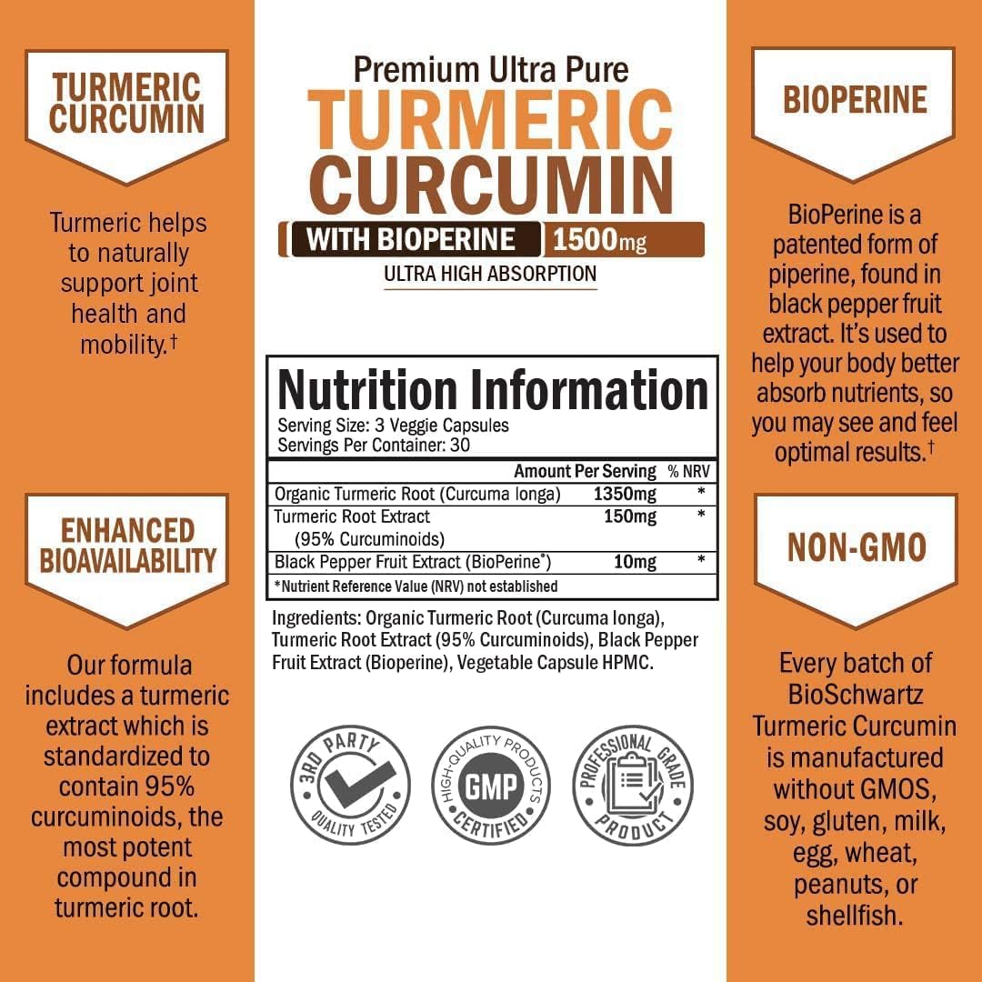 Picture of Bio Schwartz Turmeric Curcumin with Black Pepper Extract 1500mg - High Absorption Ultra Potent Turmeric Supplement with 95% Curcuminoids and BioPerine - Non GMO Tumeric Capsules for Joint Support - 90 Capsules