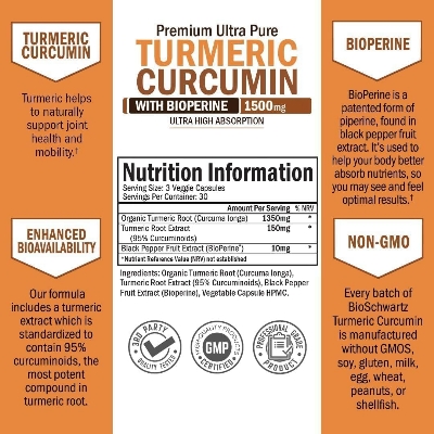 Picture of Bio Schwartz Turmeric Curcumin with Black Pepper Extract 1500mg - High Absorption Ultra Potent Turmeric Supplement with 95% Curcuminoids and BioPerine - Non GMO Tumeric Capsules for Joint Support - 90 Capsules