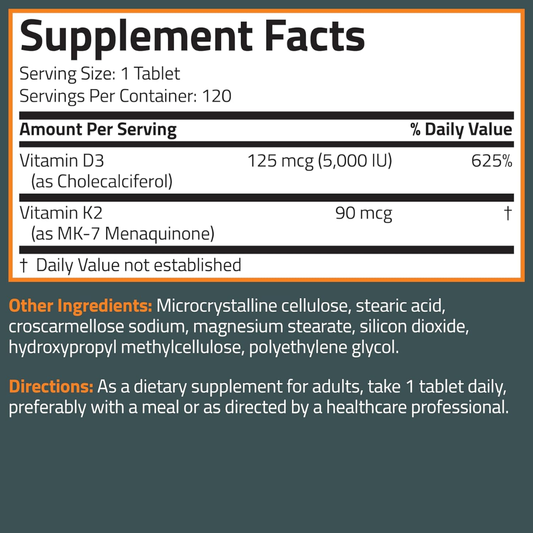Picture of Bronson  Basics Vitamin K2 + D3 5,000 IU (125 mcg) - 120 Capsules (D3 K2 - USA)