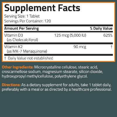 Picture of Bronson  Basics Vitamin K2 + D3 5,000 IU (125 mcg) - 120 Capsules (D3 K2 - USA)