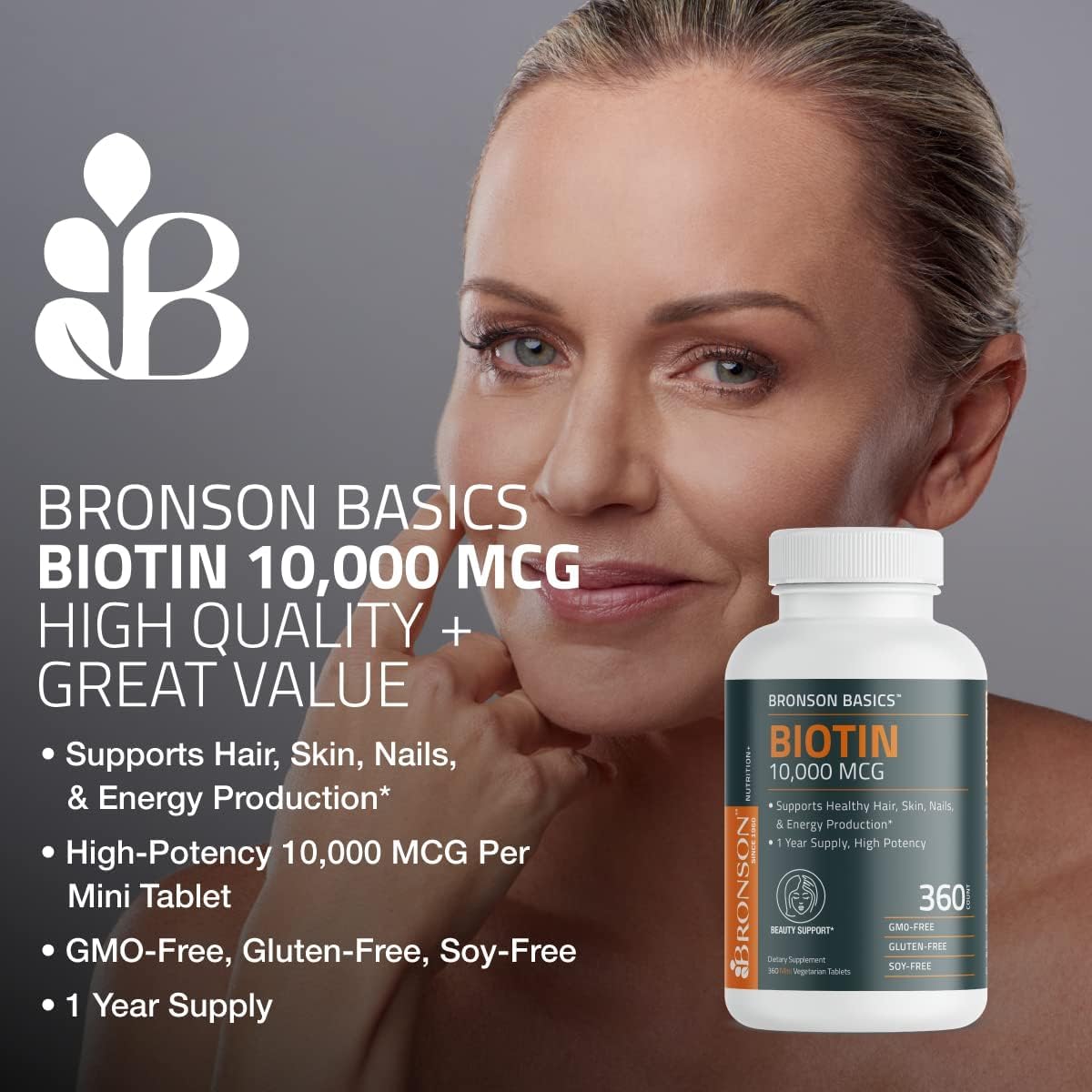 Picture of Bronson Biotin 10,000mcg, Supports Healthy Hair Skin and Nails Vegetarian150 Tablets
