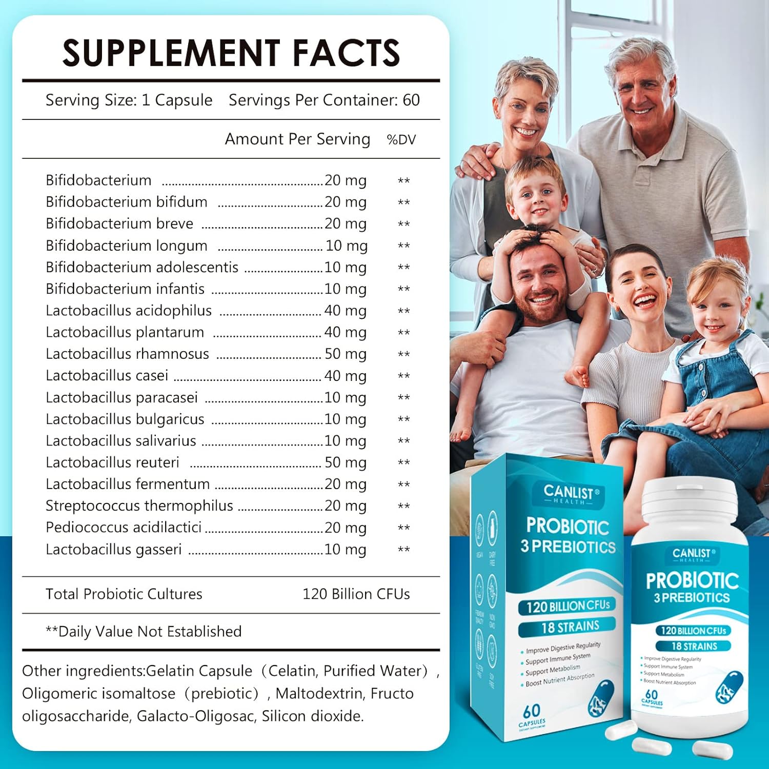 Picture of Canlist Probiotics 120 Billion CFUs 18 Strains 3 Prebiotics 60 Vegetarian Capsules