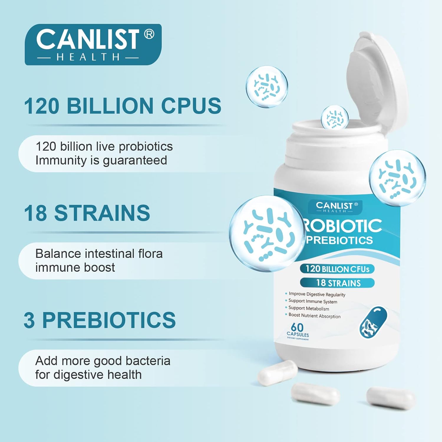 Picture of Canlist Probiotics 120 Billion CFUs 18 Strains 3 Prebiotics 60 Vegetarian Capsules