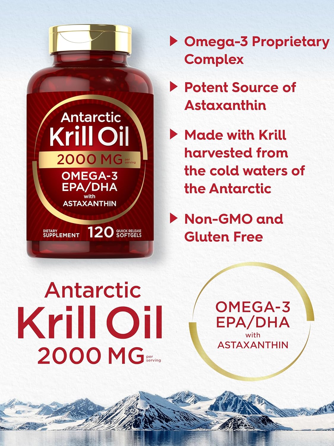 Picture of Carlyle Antarctic Krill Oil 2000 mg 120 Softgels Omega-3 EPA DHA with Astaxanthin Supplement Sourced from Red Krill