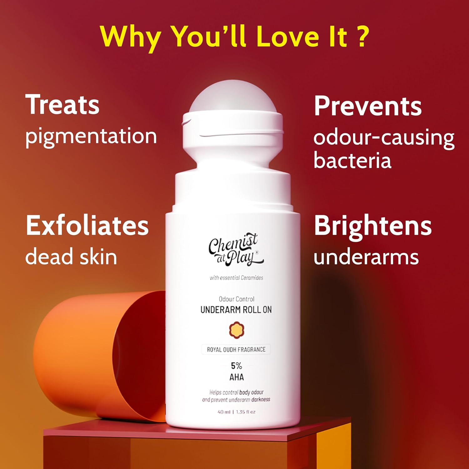 Picture of Chemist at Play UnderArm Roll-On with 5% AHA Lactic Acid & 1% Mandelic Acid Royal Oudh Fragrance -40ml