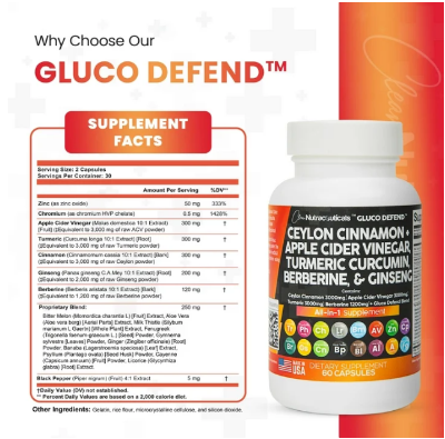 Picture of Clean Nutraceuticals Ceylon cinnamon apple cider vinegar turmeric curcumin berberine & ginseng 60 capsules