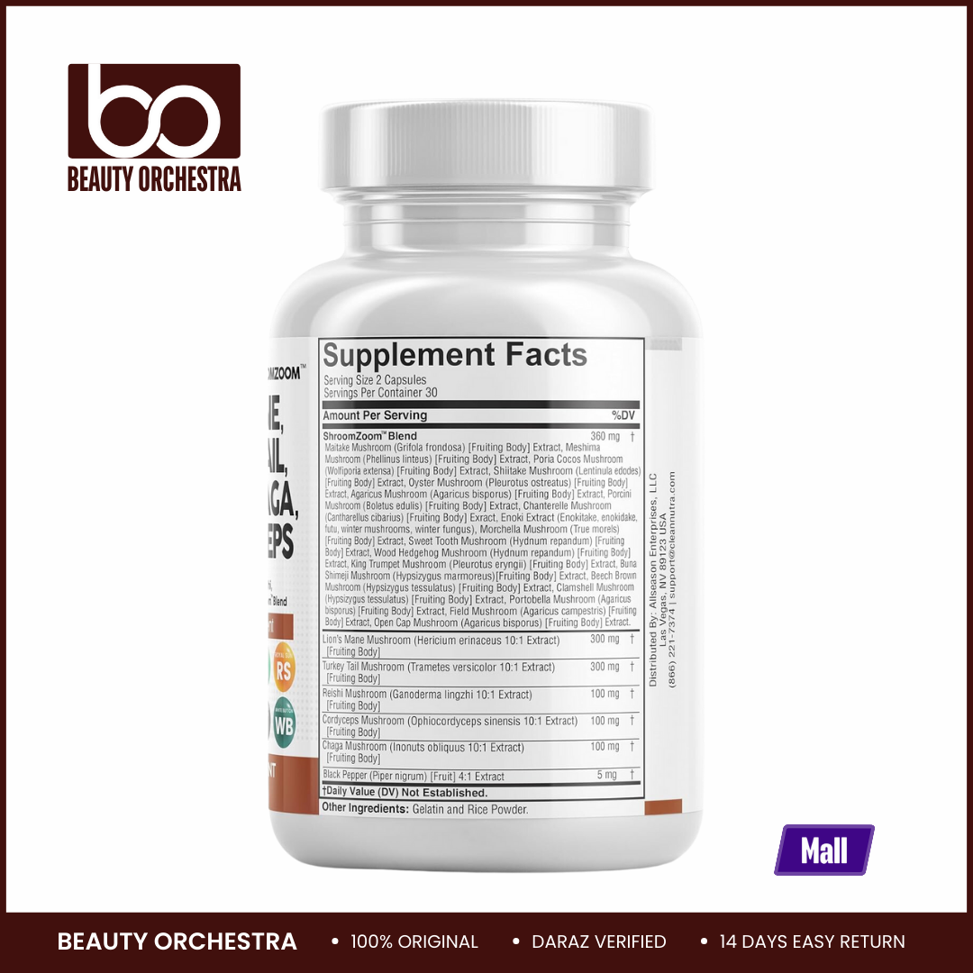 Picture of Clean Nutraceuticals Lions Mane 3000mg 20in1 Mushroom Supplement with Turkey Tail 2000mg Reishi 1000mg Cordyceps Chaga 1000mg Maitake Meshima Poria Cocos Shiitake Oyster Porcini Enoki 60 Count