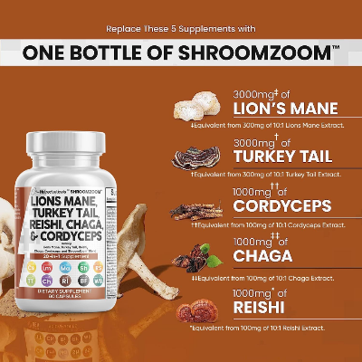Picture of Clean Nutraceuticals Lions Mane 3000mg 20in1 Mushroom Supplement with Turkey Tail 2000mg Reishi 1000mg Cordyceps Chaga 1000mg Maitake Meshima Poria Cocos Shiitake Oyster Porcini Enoki 60 Count
