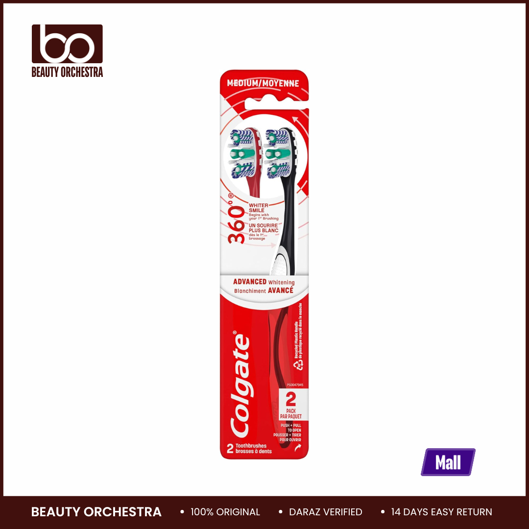 Picture of Colgate 360 Optic White Advanced Whitening Toothbrush, Adult Medium Toothbrush with Whitening Cups, Helps Whiten Teeth and Removes Odor Causing Bacteria, 2 Pack (Made In USA)