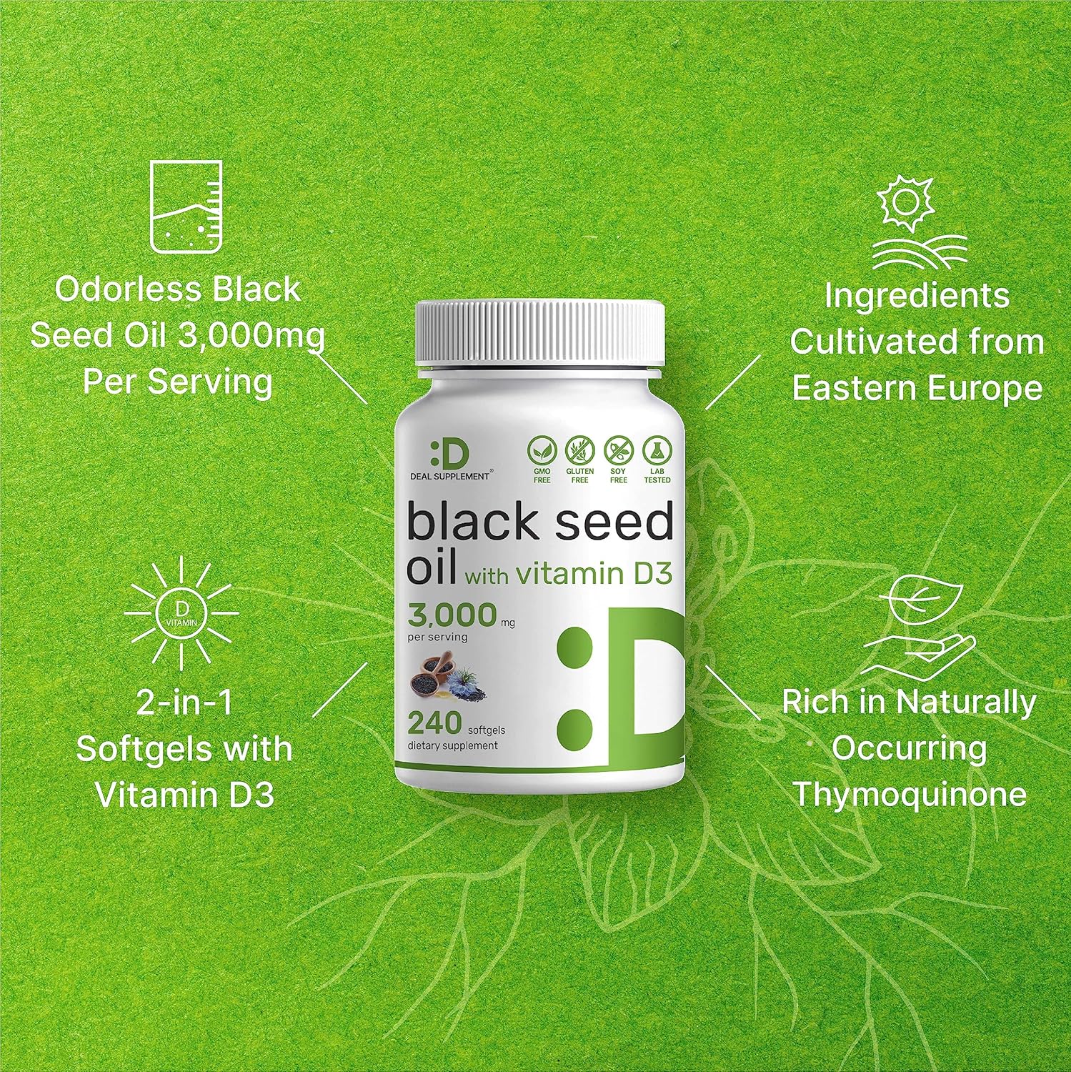 Picture of DEAL SUPPLEMENT Black Seed Oil 3000mg with Vitamin D3 2000IU, 240 Softgels | Cold-Pressed Nigella Sativa, Naturally Occurring Thymoquinone (TQ) | Immune, Heart, Joint & Bone Health Support