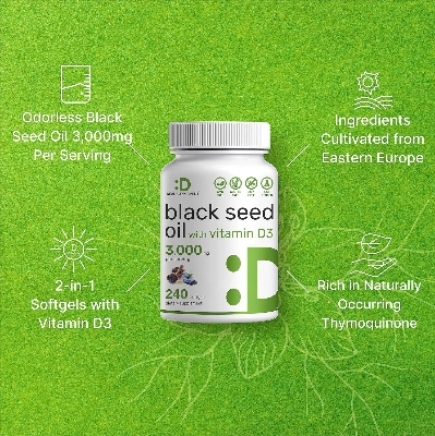 Picture of DEAL SUPPLEMENT Black Seed Oil 3000mg with Vitamin D3 2000IU, 240 Softgels | Cold-Pressed Nigella Sativa, Naturally Occurring Thymoquinone (TQ) | Immune, Heart, Joint & Bone Health Support