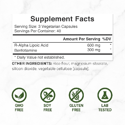 Picture of DEAL SUPPLEMENT R Alpha Lipoic Acid 600mg with Benfotiamine 300mg Per Serving 120 Veggie Capsules
