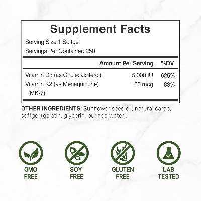 Picture of DEAL SUPPLEMENT Vitamin D3 5,000 IU + K2 MK7 Supports Heart Bone Teeth & Immune Health 250 Softgels