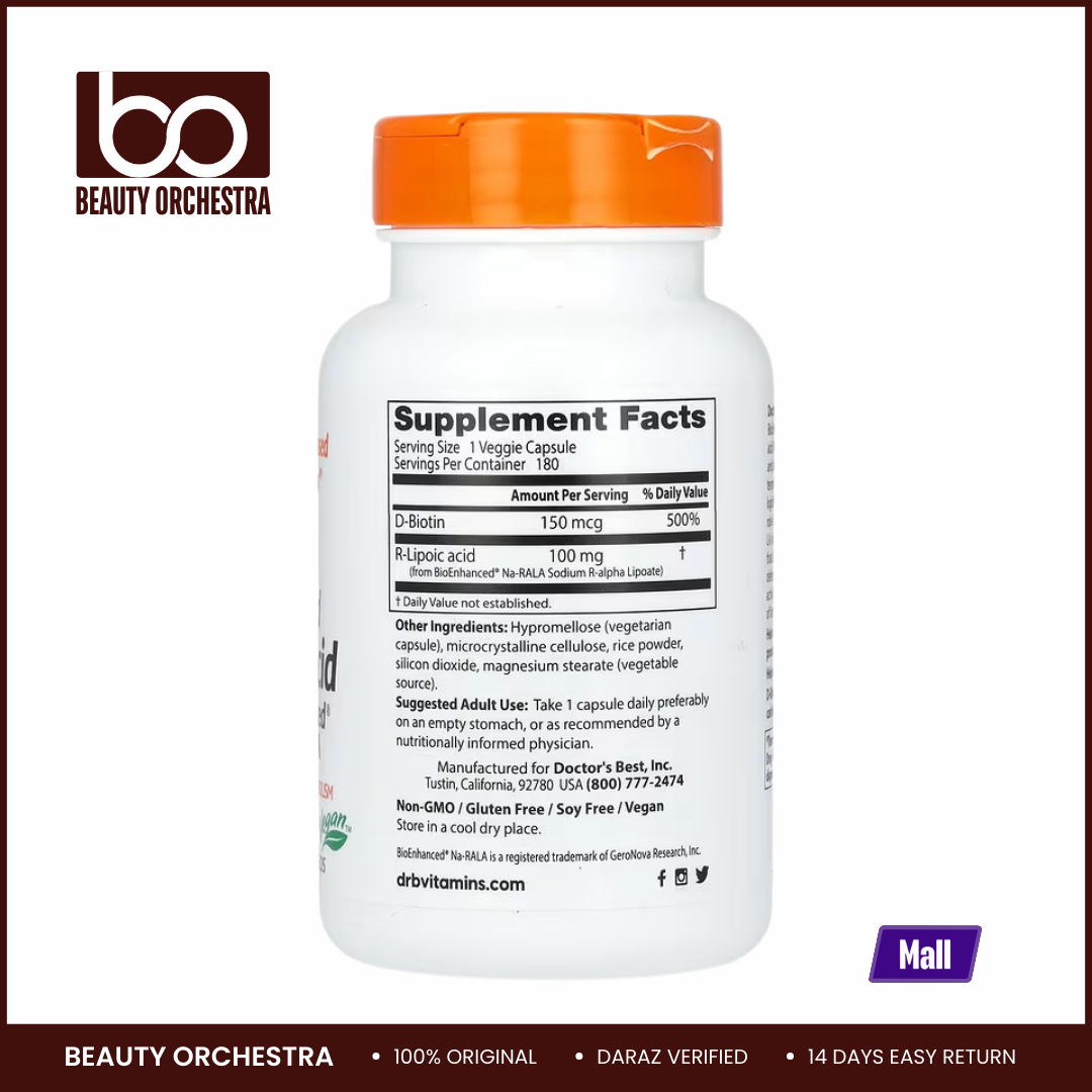 Picture of Doctor’s Best Stabilized R-Lipoic Acid with BioEnhanced Na-RALA 100 mg – 180 VegCaps
