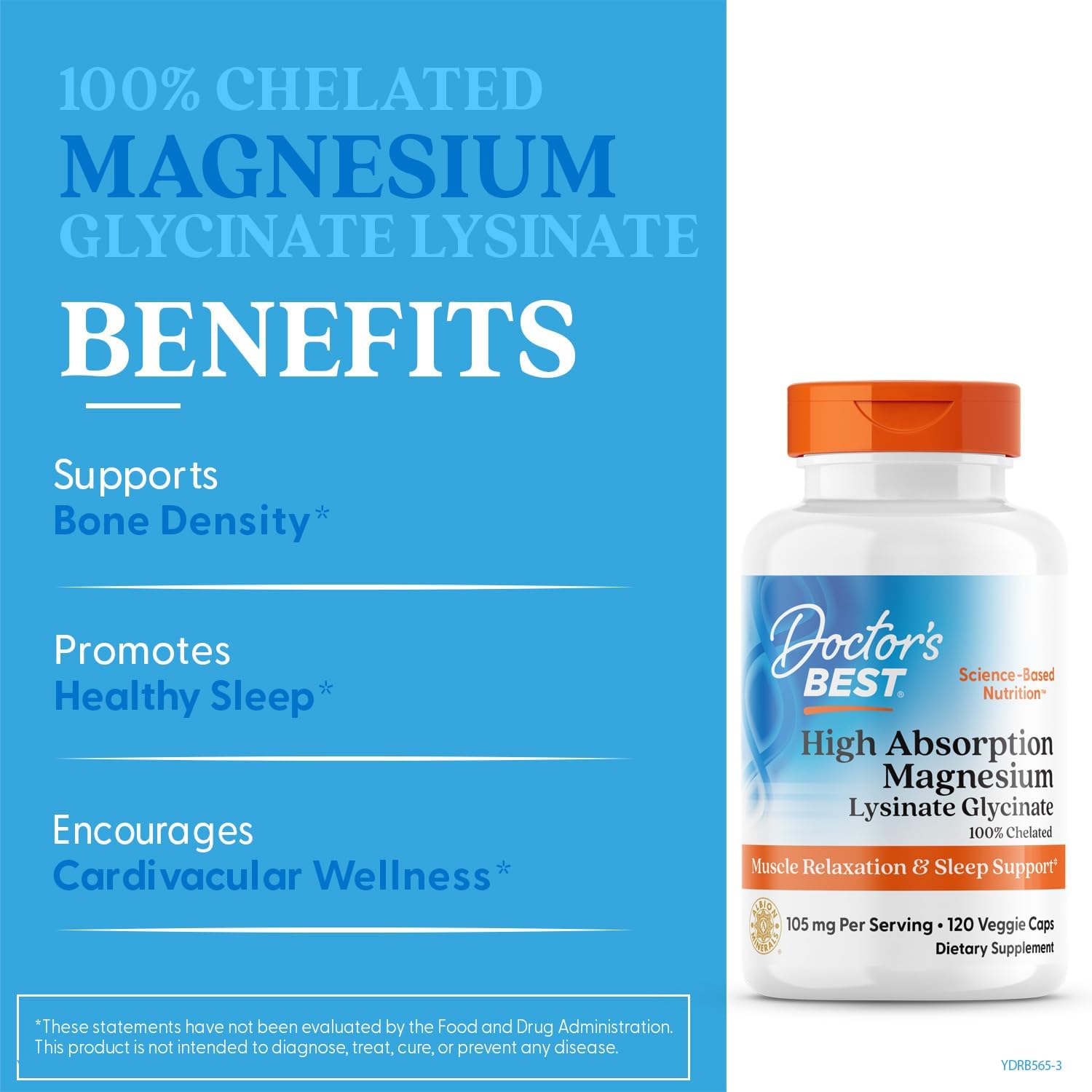 Picture of Doctor's Best High Absorption Magnesium Lysinate Glycinate Easy to Swallow 105 mg Per Serving 120 Capsules