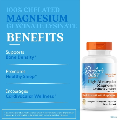 Picture of Doctor's Best High Absorption Magnesium Lysinate Glycinate Easy to Swallow 105 mg Per Serving 120 Capsules