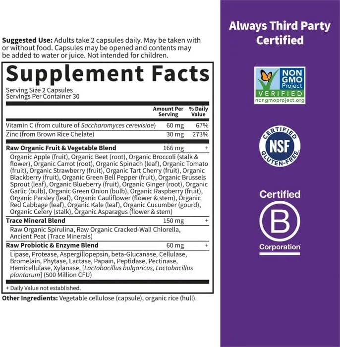 Picture of Garden of Life Zinc Supplements 30mg High Potency Raw Zinc and Vitamin C Multimineral Supplement Vitamin Code Vitamins Trace Minerals & Probiotics for Skin Health & Immune Support 60 Vegan Capsules