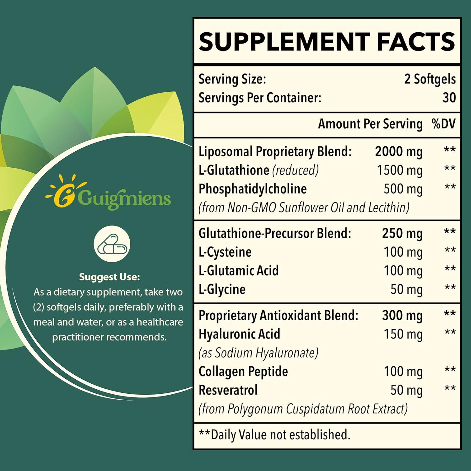 Picture of Guigmiens Liposomal Glutathione Reduced Super Antioxidant & Detoxifier 2000 MG 60 Softgels