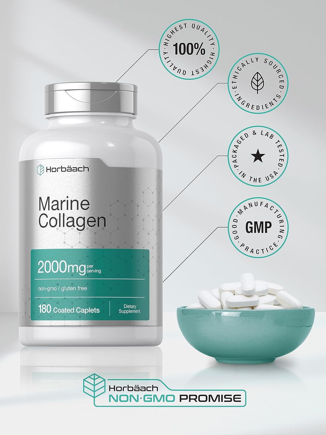 Picture of Horbaach Marine Collagen Peptides 2000mg 180 Coated Capsules