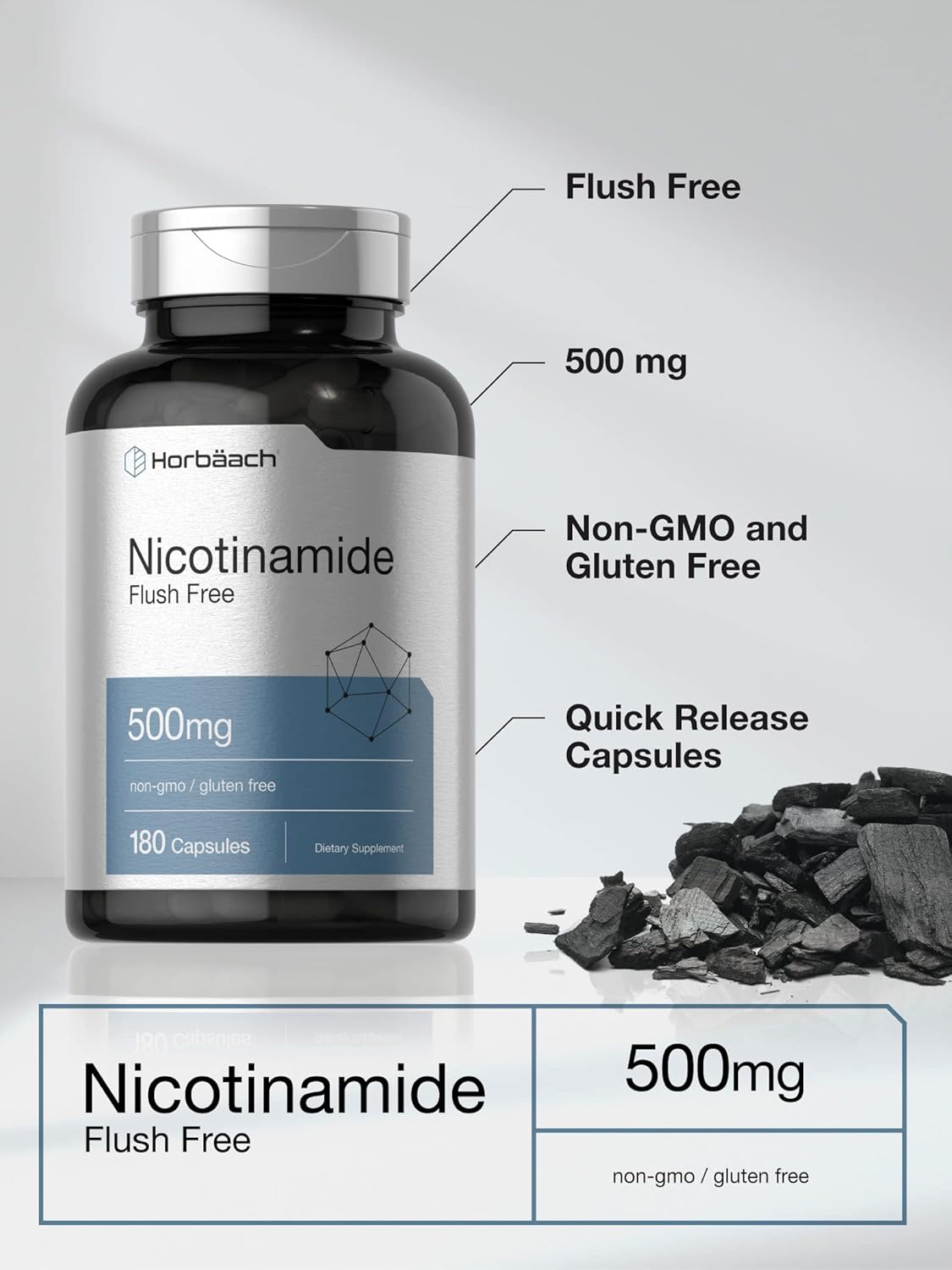 Picture of Horbaach Nicotinamide 500mg | 180 Capsules | Flush Free Dietary Supplement | Non-GMO and Gluten Free Vitamin