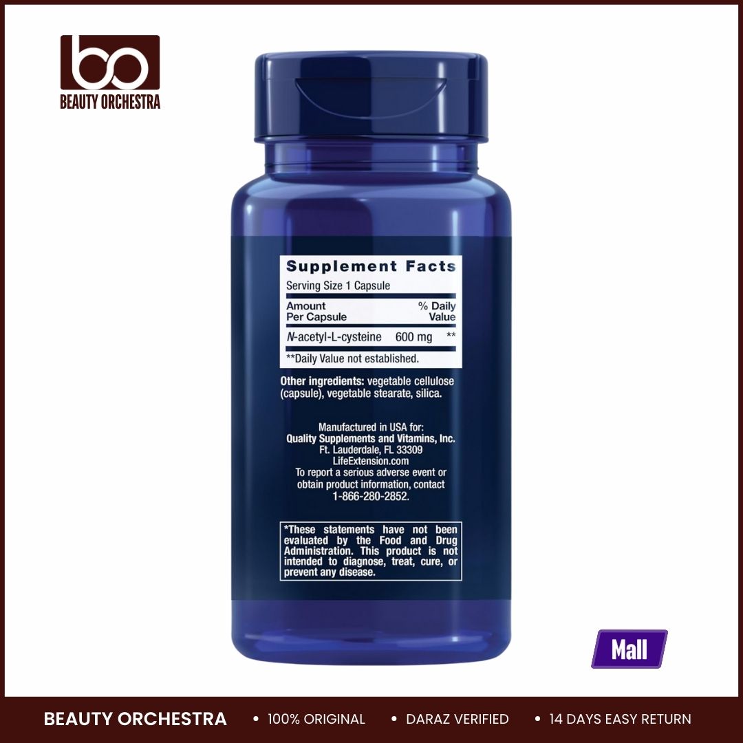 Picture of Life Extension N-Acetyl-L-Cysteine (NAC), Immune, Respiratory, Liver Health, NAC 600 mg, Potent antioxidant Support, Free-radicals, Easy to Absorb.