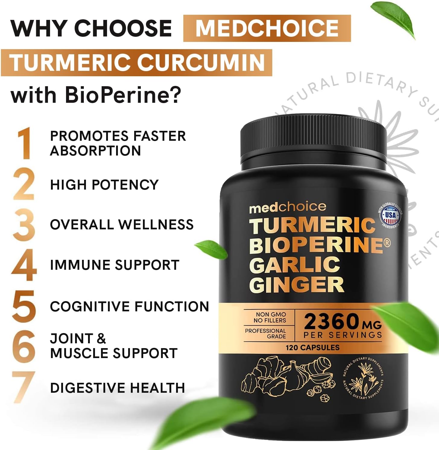 Picture of Medchoice Turmeric and Garlic Supplements with Bioperine 2360 mg (120 ct) Turmeric Ginger Root Capsules with Garlic - Turmeric Curcumin with Black Pepper for Joint, Digestion & Immune Support