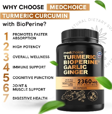 Picture of Medchoice Turmeric and Garlic Supplements with Bioperine 2360 mg (120 ct) Turmeric Ginger Root Capsules with Garlic - Turmeric Curcumin with Black Pepper for Joint, Digestion & Immune Support