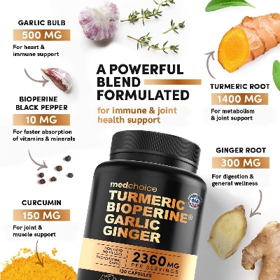 Picture of Medchoice Turmeric and Garlic Supplements with Bioperine 2360 mg (120 ct) Turmeric Ginger Root Capsules with Garlic - Turmeric Curcumin with Black Pepper for Joint, Digestion & Immune Support