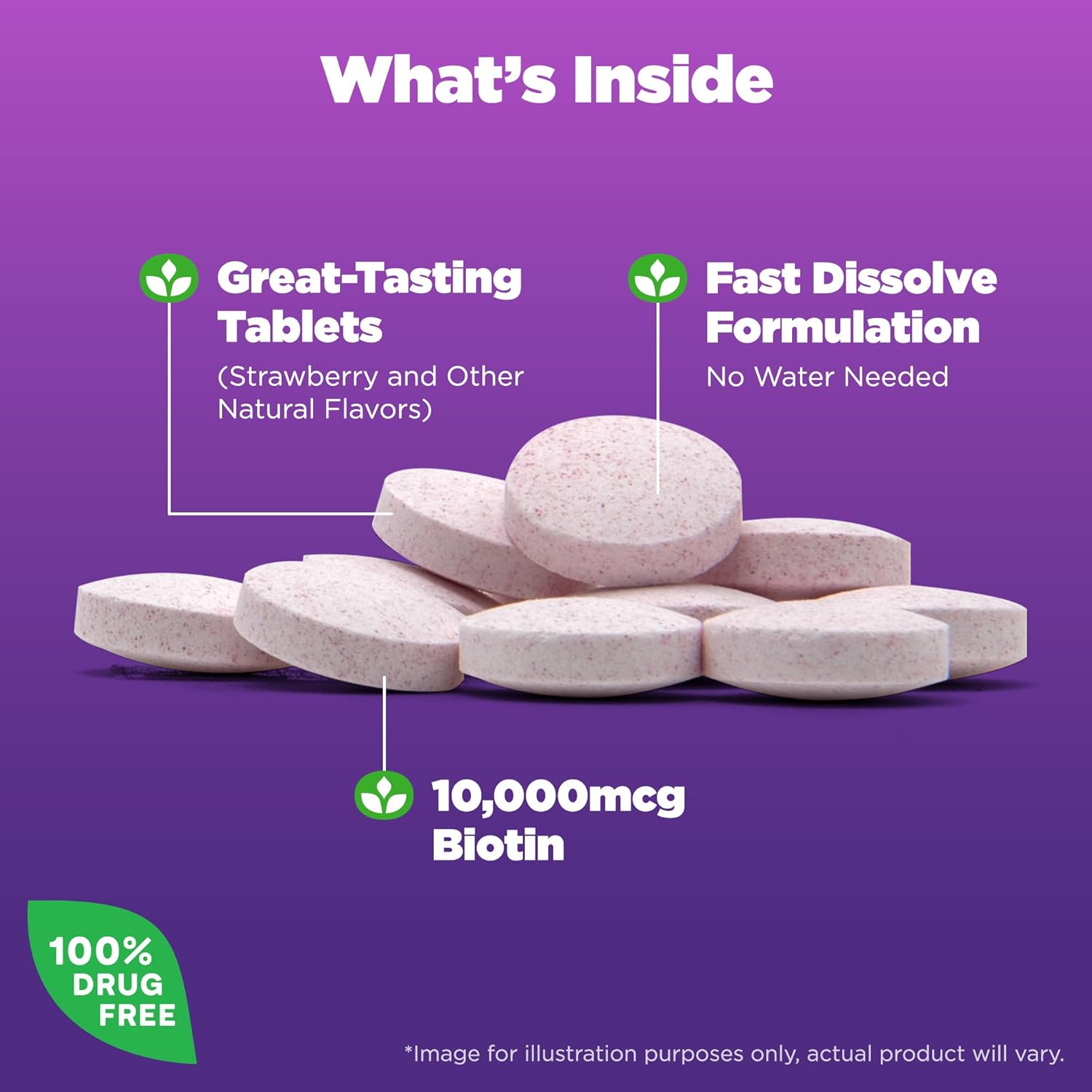 Picture of Natrol Biotin 10000mcg Faster Dissolve Supplement for Healthy Hair Skin and Nails for Those Low in Biotin Plus Energy Metabolism Support 60 Tablets