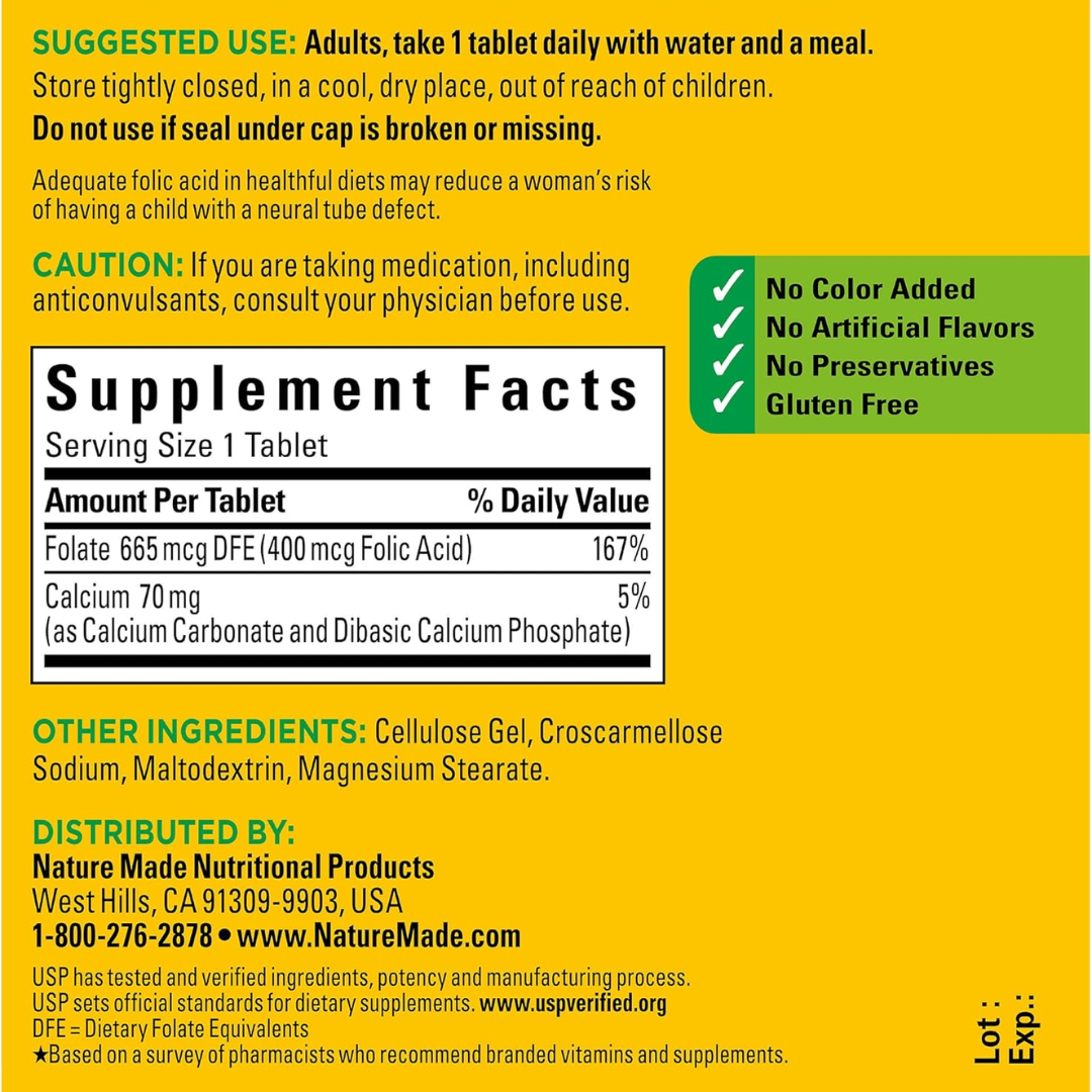 Picture of Nature Made Folic Acid 400 mcg (665 mcg DFE) - 250 Tablets