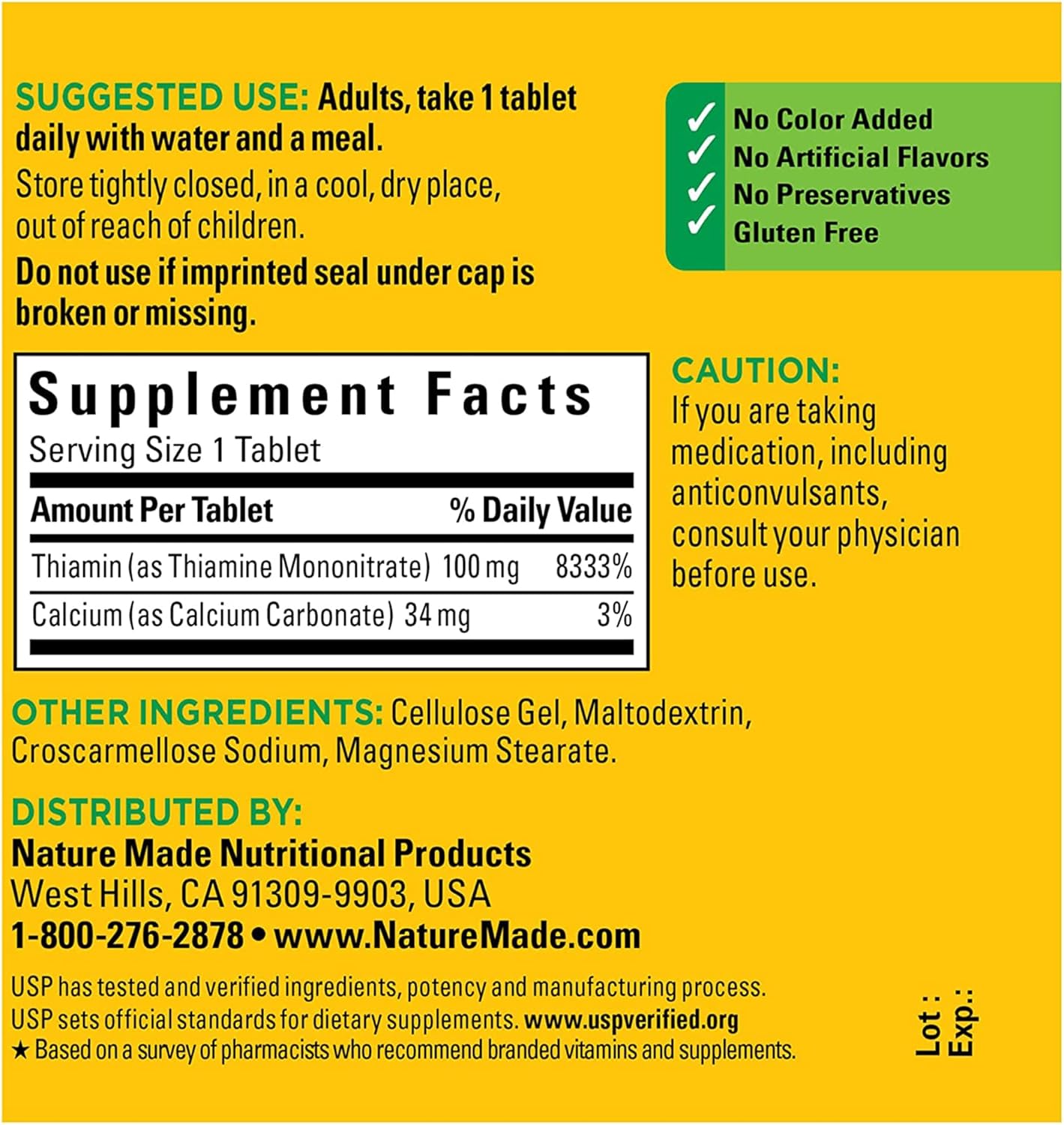 Picture of Nature Made Vitamin B1 100 mg Dietary Supplement for Energy Metabolism Support 100 Tablets