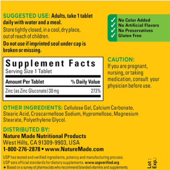 Picture of Nature Made Zinc Supplement 30 Mg per Tablet 100 Tablets in Each Bottle