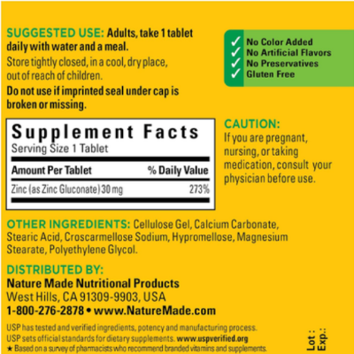 Picture of Nature Made Zinc Supplement 30 Mg per Tablet 100 Tablets in Each Bottle