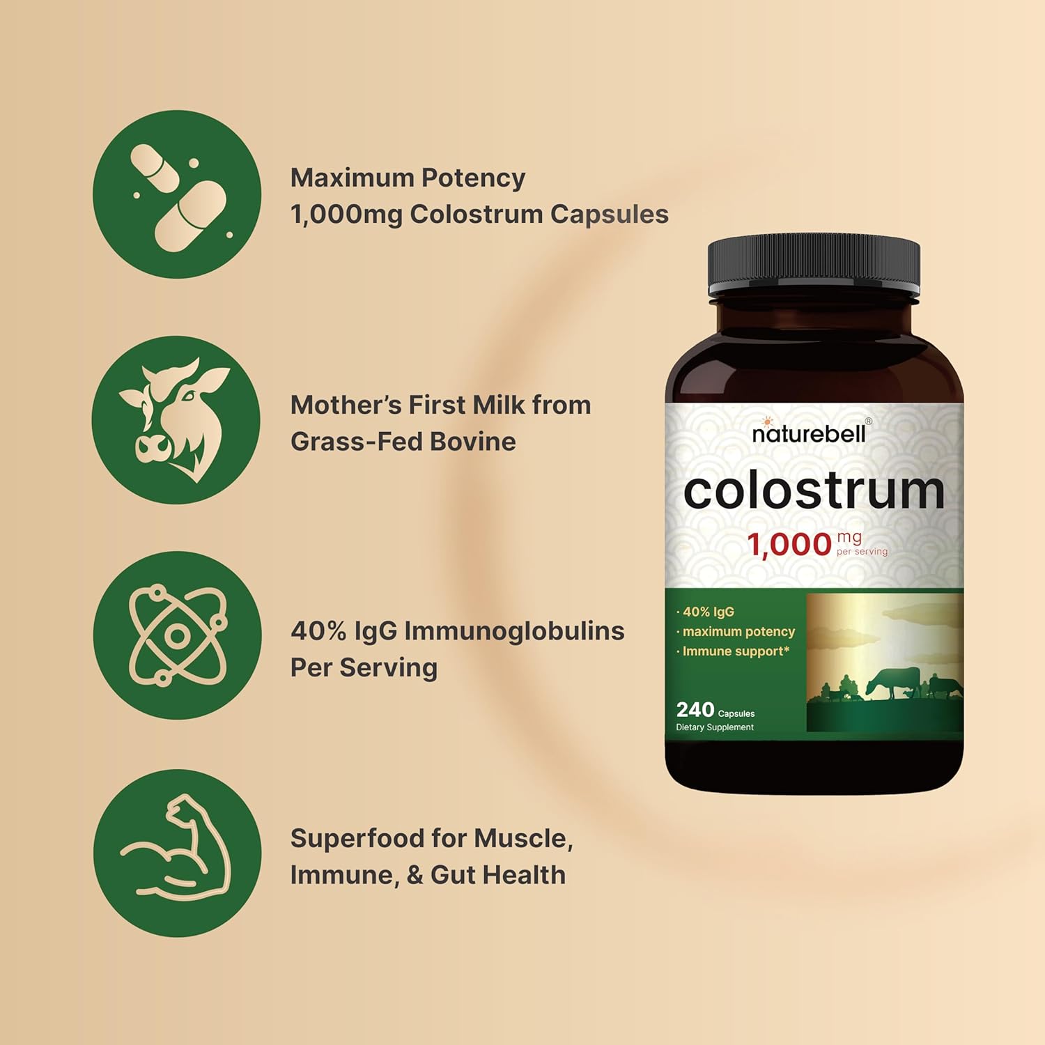 Picture of Naturebell Colostrum Supplement 1,000mg Per Serving 240 Capsules | Grass Fed Bovine Colostrum from Mother's First Milk – 40% IgG