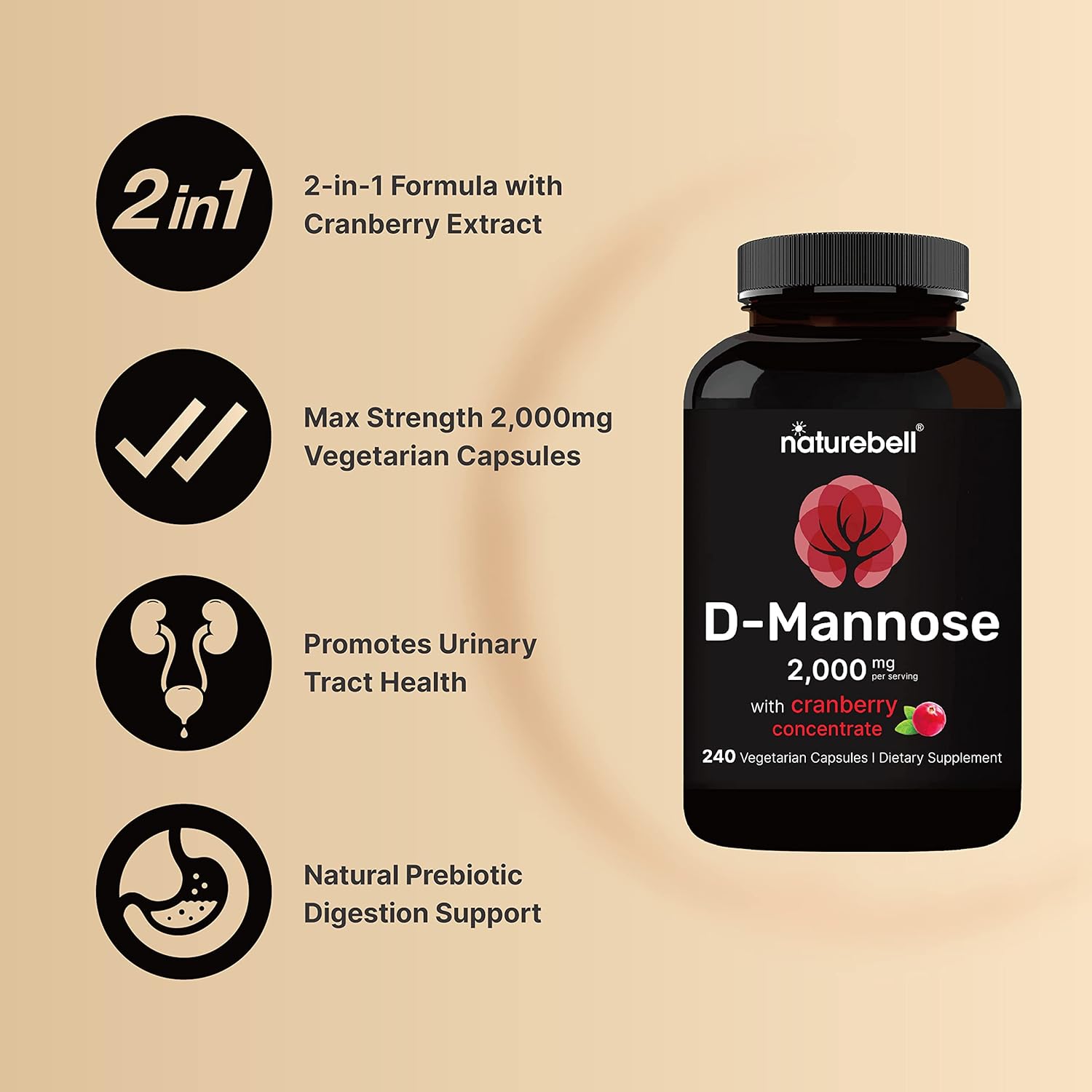 Picture of NatureBell D-Mannose 500mg Capsules (2000mg Per Serving) | 240 Veggie Capsules + Cranberry Extract 400mg, Fast Acting Urinary Tract Health Pills, Utra UTI Support for Women & Men